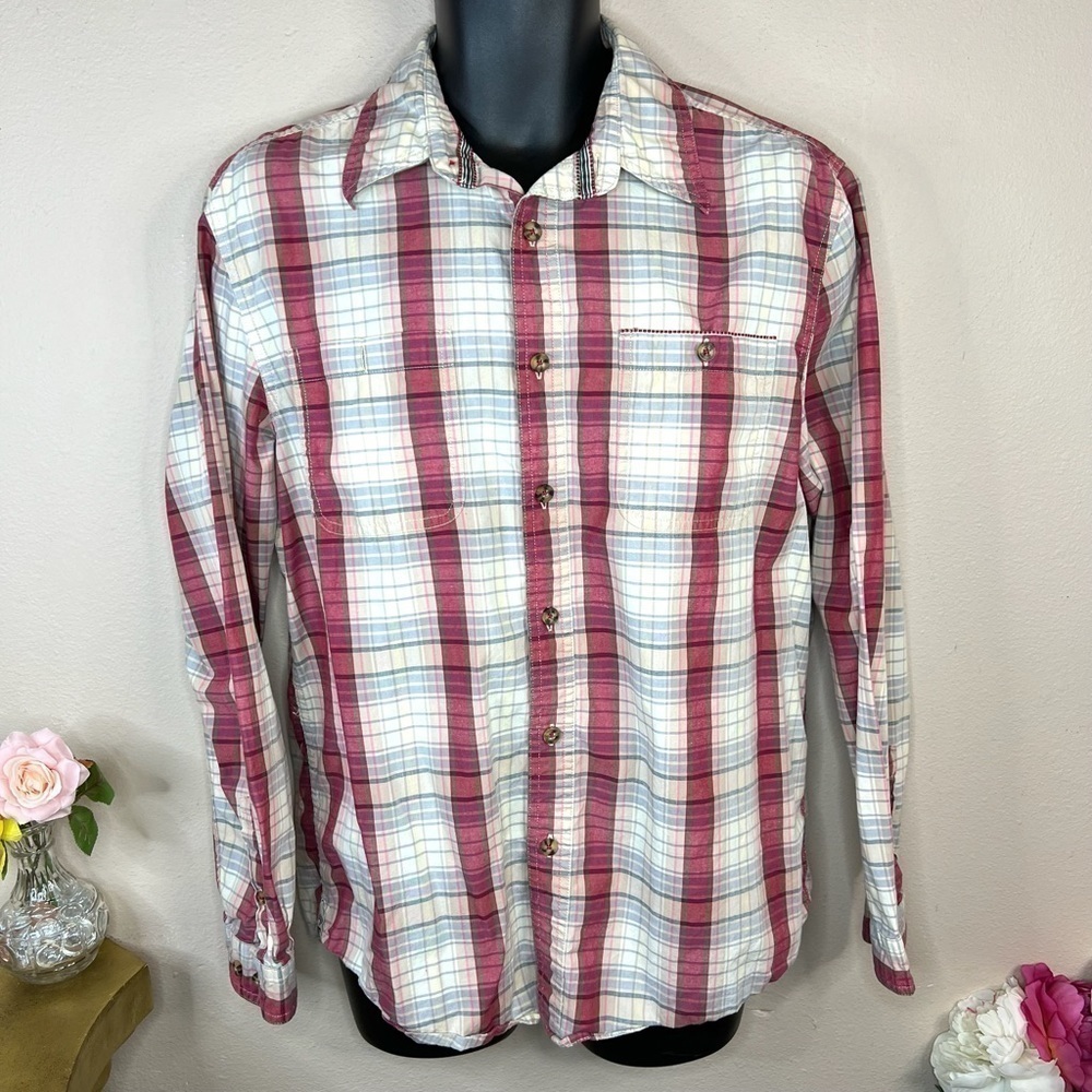 Men’s Large Boston Traders Beige Plaid Long Sleeve Cotton Button Down Shirt